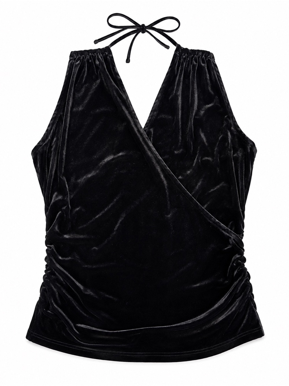 LOFT Black Velvet Wrap Halter Top Ruched Tie Back Sleeveless XL
